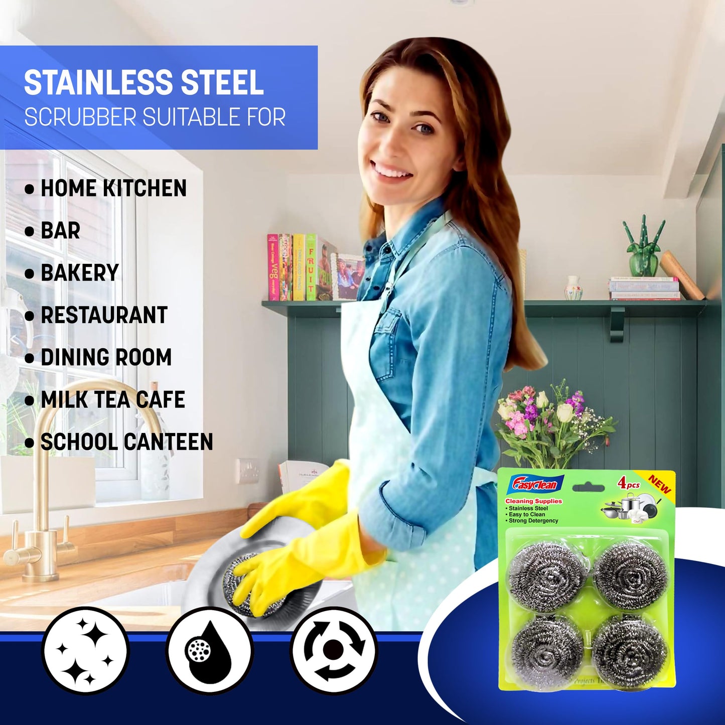 EasyClean 4pk Heavy Duty Spiral Steel Scourers,Metal Scourer Durable,Rust-Resistant,Reusable Cleaning Pads,Tough on Grease & Grime,Perfect for Cleaning Pots,Pans,Grills,Ovens & Tough Stains