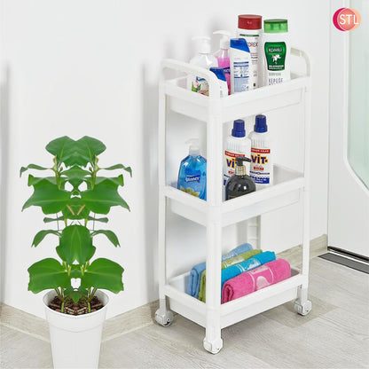 STL 3-Tier Plastic Storage Cart with 2 Sturdy Handle, Rolling Utility Cart with 3 Baskets, Space Saving Organizer for Kitchen, Bathroom, Office and Living Room