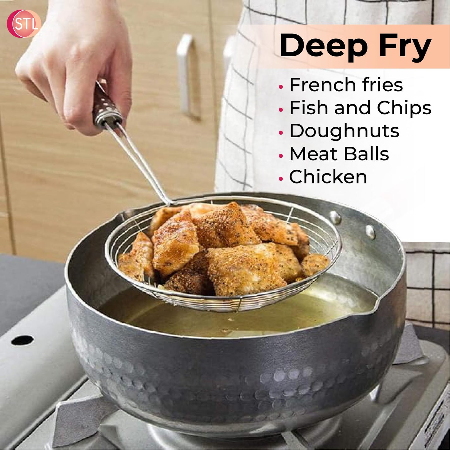 STL Stainless Steel Strainer Wire Skimmer Ladle with Ergonomic Handle Sieves Spider Mesh Filter Solid Utensils Slotted Spoon for Kitchen Frying Chips Food, Pasta, Noodles, Spaghetti