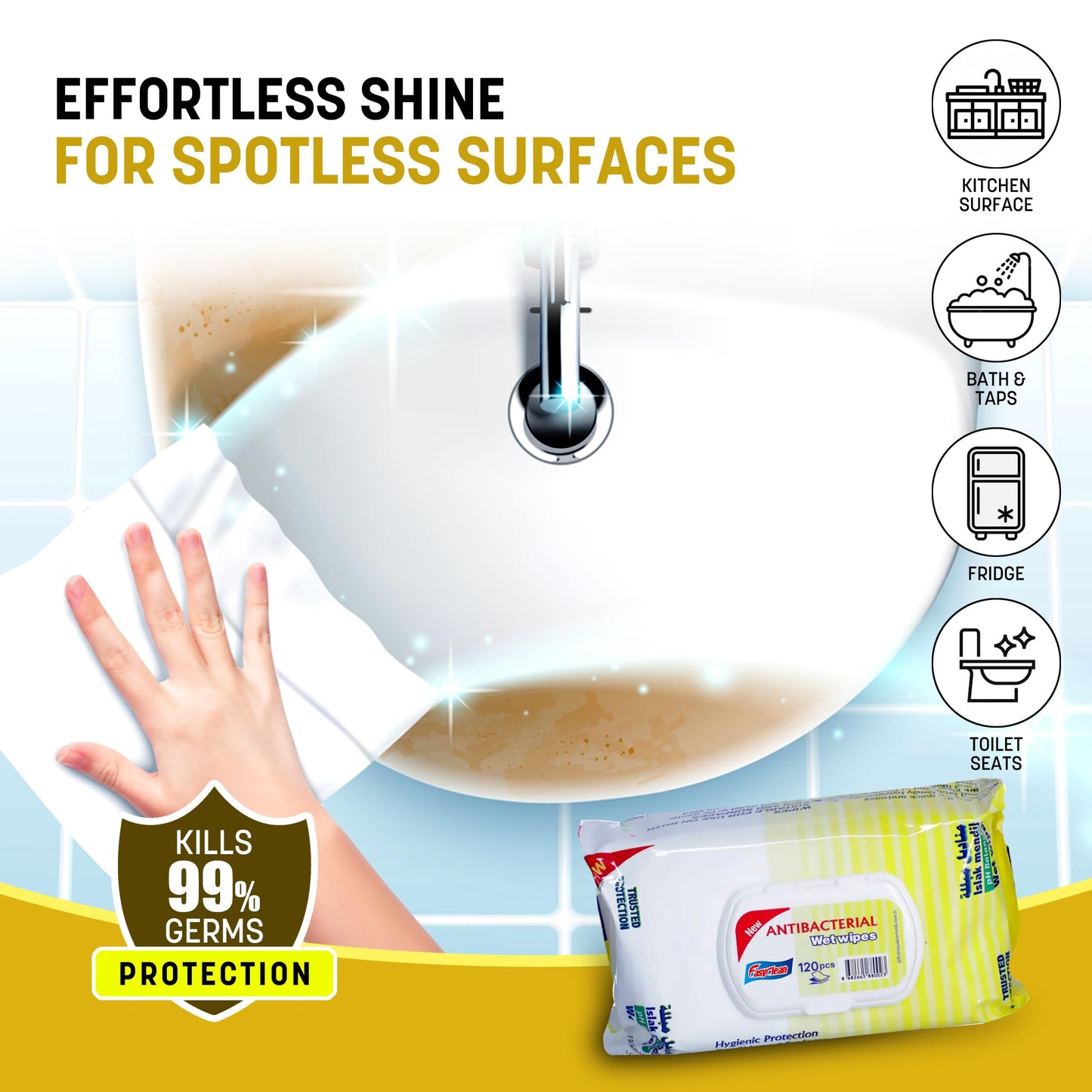 Easyclean Biodegradable Antibacterial Wipes, Multi-Purpose Cleaning Wipes for Hands, Surfaces & Germ Protection Lemon Fragrance, Resealable Pack for Home & On-the-Go Clean