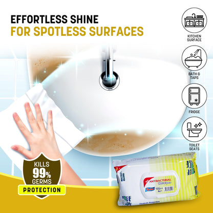 Easyclean Biodegradable Antibacterial Wipes, Multi-Purpose Cleaning Wipes for Hands, Surfaces & Germ Protection Lemon Fragrance, Resealable Pack for Home & On-the-Go Clean