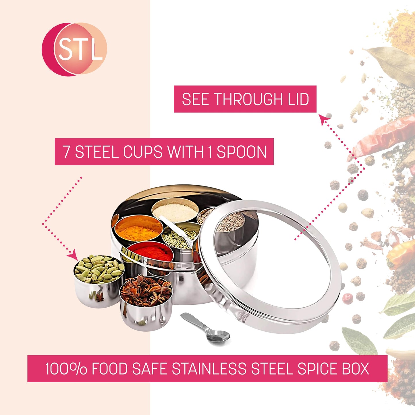 STL Masala Dabba (Spice Box) | Authentic Indian Style Stainless Steel Masala Dabba | with 7 Removable Compartments & 2 Spoons | See through Lid |