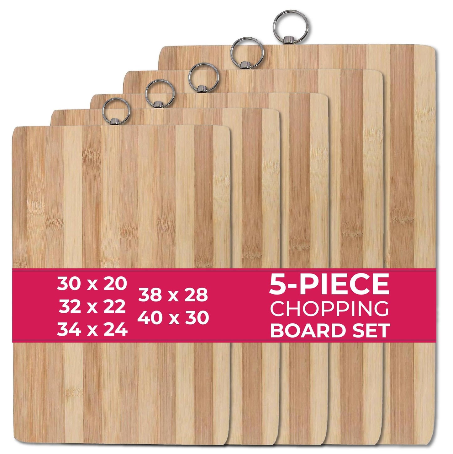STL Premium Bamboo Wooden Chopping Board 5 Piece Set, Non-Slip Thick Cutting Panel for Meat, Vegetables, Cheeses, Bread, Lightweight Kitchen Board Ideal for Carving, Slicing and Food Preparation
