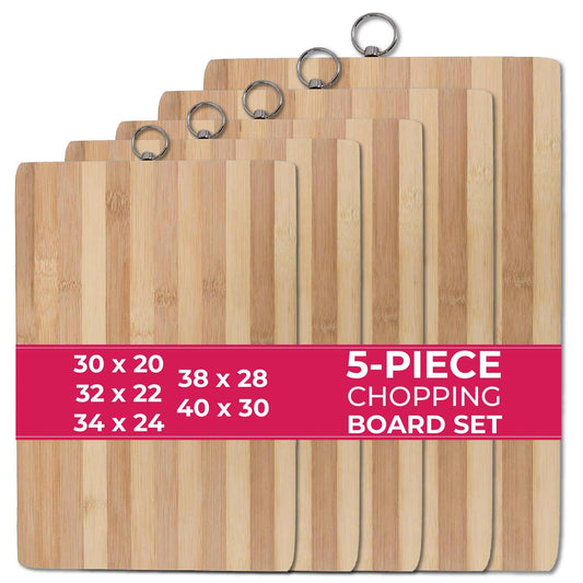 STL Premium Bamboo Wooden Chopping Board 5 Piece Set, Non-Slip Thick Cutting Panel for Meat, Vegetables, Cheeses, Bread, Lightweight Kitchen Board Ideal for Carving, Slicing and Food Preparation