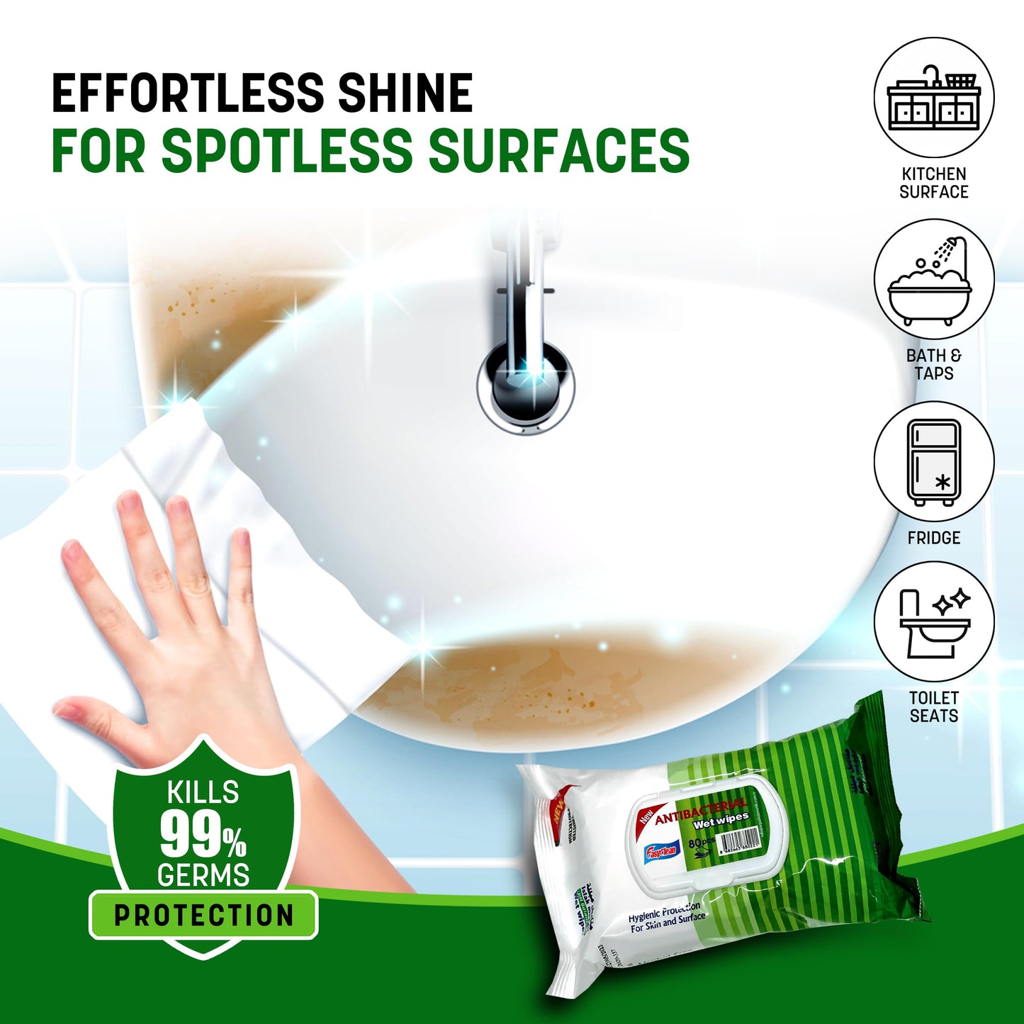 Easyclean Biodegradable Antibacterial Cleaning Wipes Kills 99.9% Bacteria & Viruses Thick, Moisture-Rich, Plastic-Free Scent Multi-Surface Use