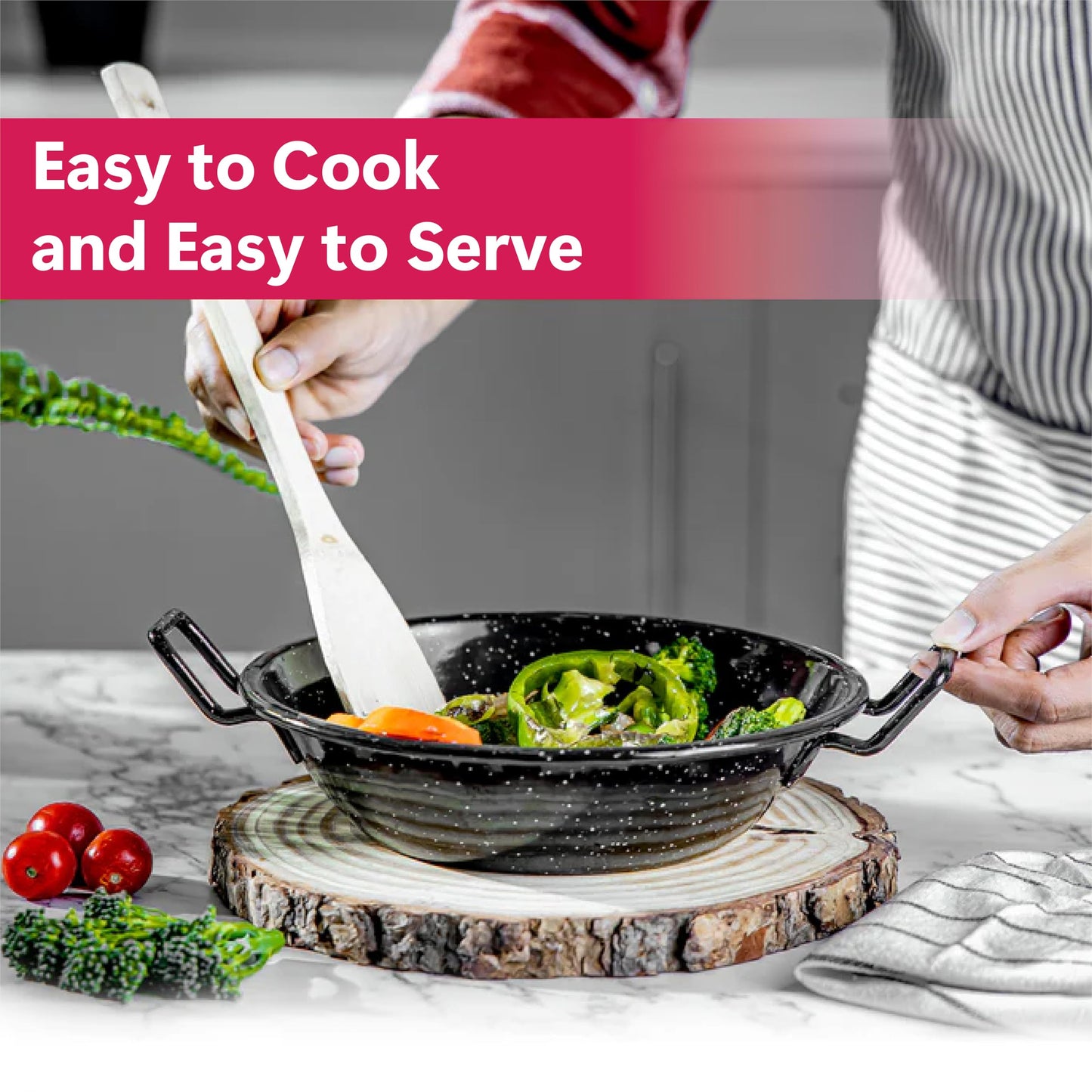 STL Enamel Non-Stick Wok Pan Kadhai with Raised Handles, Induction Safe, Flat Base for Even Heat Distribution, Heavy Duty Karahi for Shallow & Deep Frying, Black White Dots Design