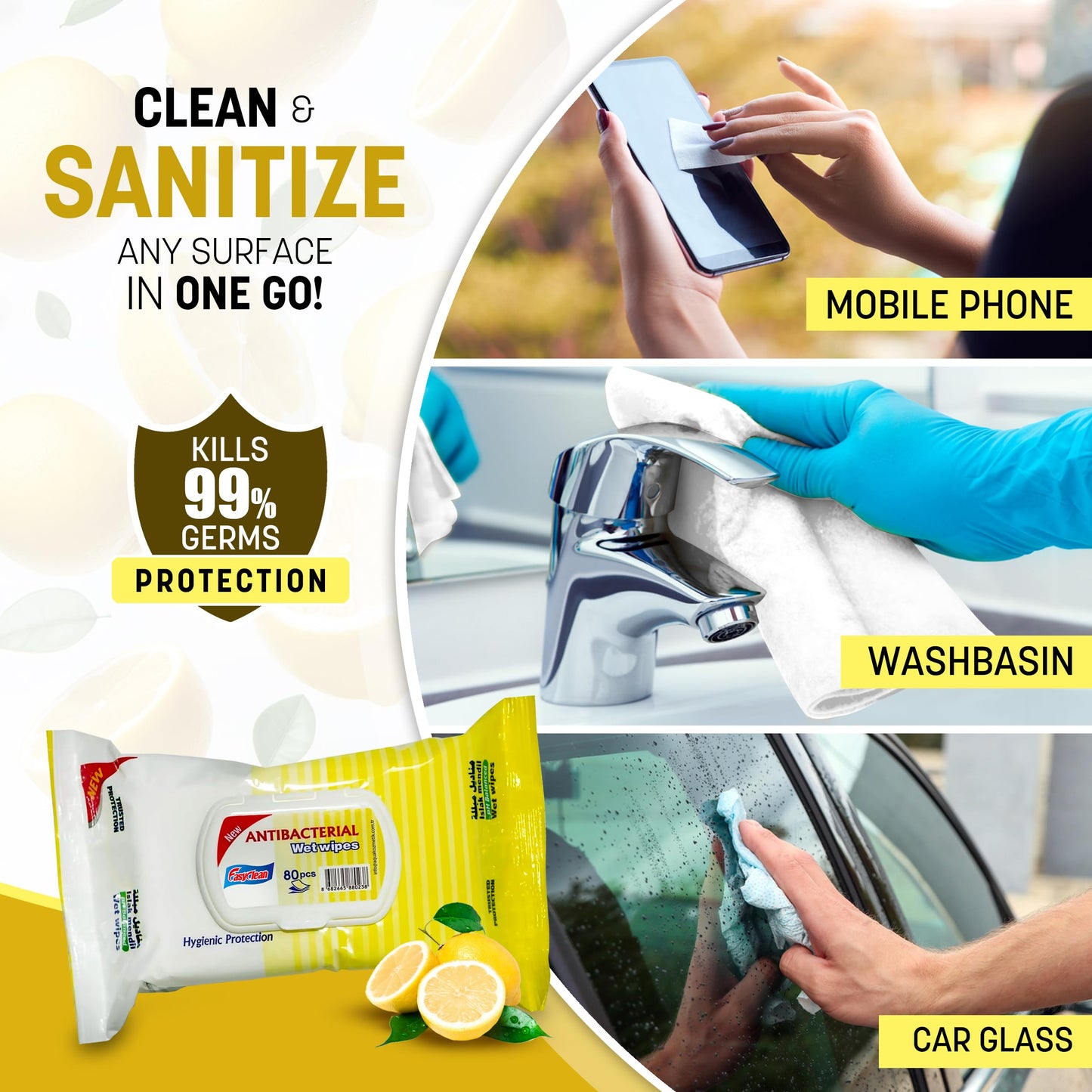 Easyclean Biodegradable Antibacterial Wipes, Multi-Purpose Cleaning Wipes for Hands, Surfaces & Germ Protection Lemon Fragrance, Resealable Pack for Home & On-the-Go Clean
