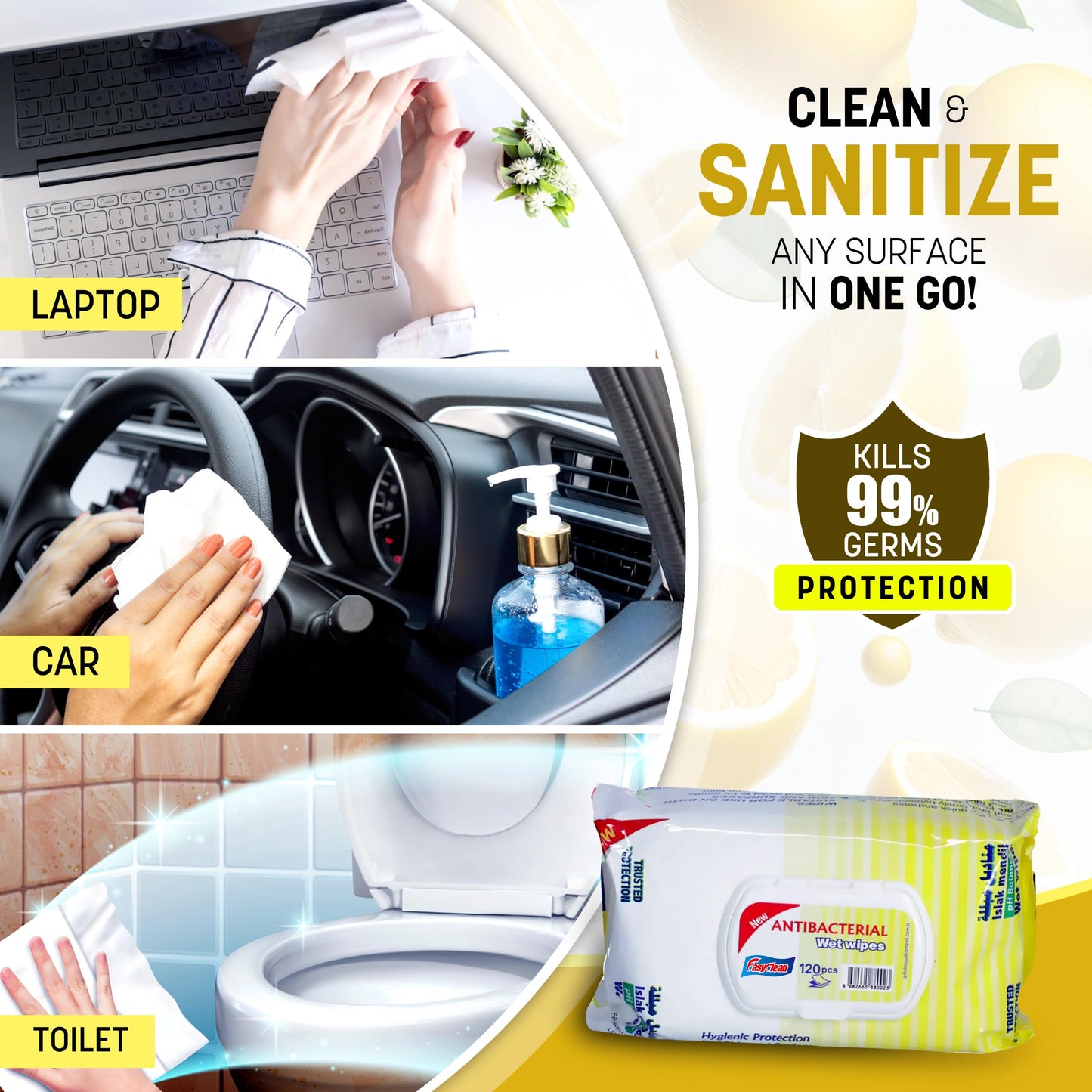 Easyclean Biodegradable Antibacterial Wipes, Multi-Purpose Cleaning Wipes for Hands, Surfaces & Germ Protection Lemon Fragrance, Resealable Pack for Home & On-the-Go Clean