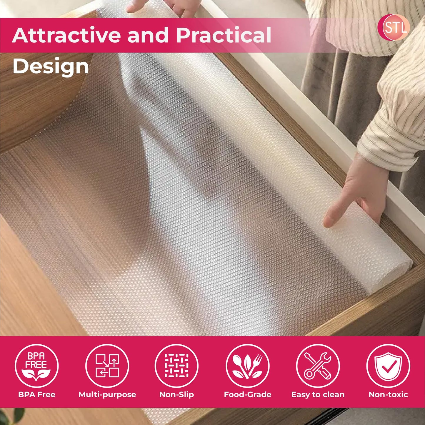 STL Non Slip Shelf Liner Waterproof Washable EVA Drawer Mat for Kitchen Cabinet, Pantry, Fridge & Countertops, Durable Non Adhesive Protector for Drawers & Shelves, Oil Proof Cupboard Liner (45cmx10m)