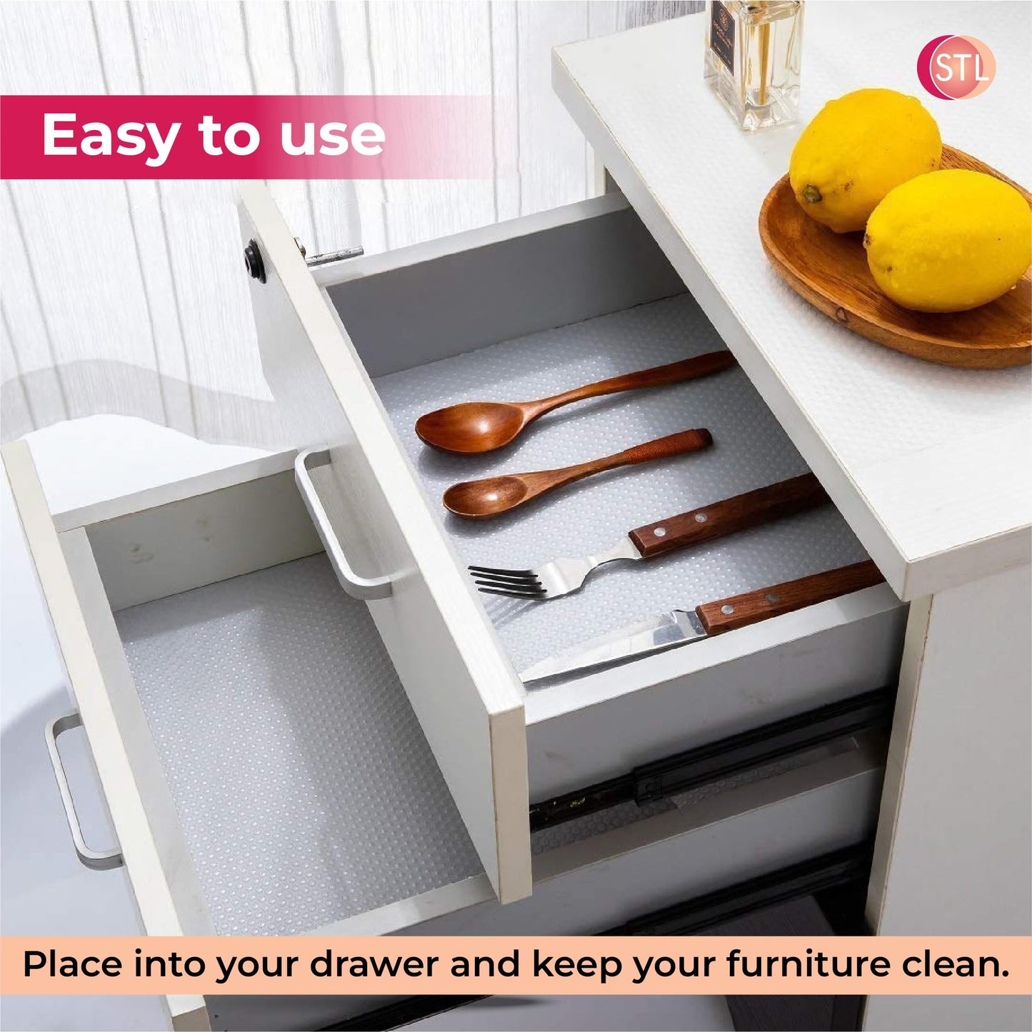 STL Non Slip Shelf Liner Waterproof Washable EVA Drawer Mat for Kitchen Cabinet, Pantry, Fridge & Countertops, Durable Non Adhesive Protector for Drawers & Shelves, Oil Proof Cupboard Liner (45cmx10m)