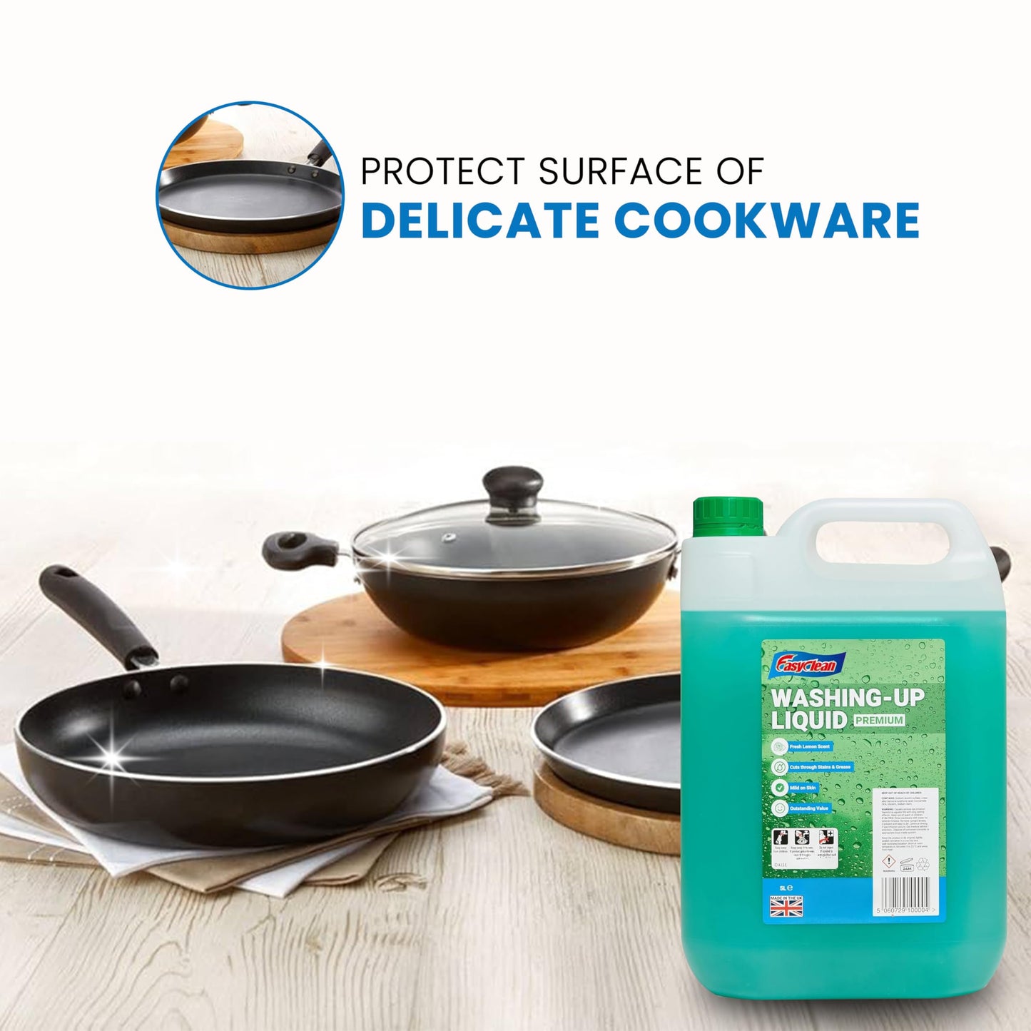 EasyClean Washing Up Liquid 5L Refill - Fresh Lemon Fragrance Non Bio & Skin Sensitive Friendly Dish Wash Cleaner Plant Based & Cruelty Free - Kitchens Cleaning Products