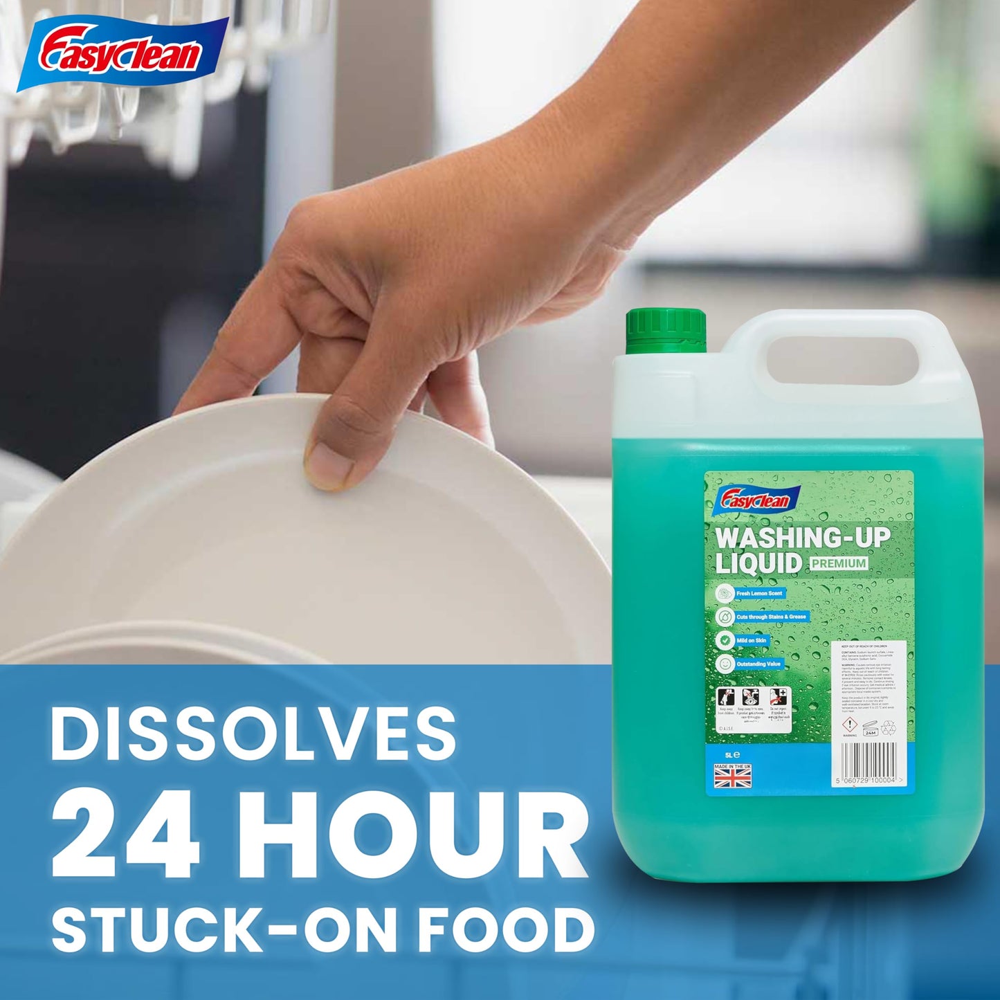 EasyClean Washing Up Liquid 5L Refill - Fresh Lemon Fragrance Non Bio & Skin Sensitive Friendly Dish Wash Cleaner Plant Based & Cruelty Free - Kitchens Cleaning Products