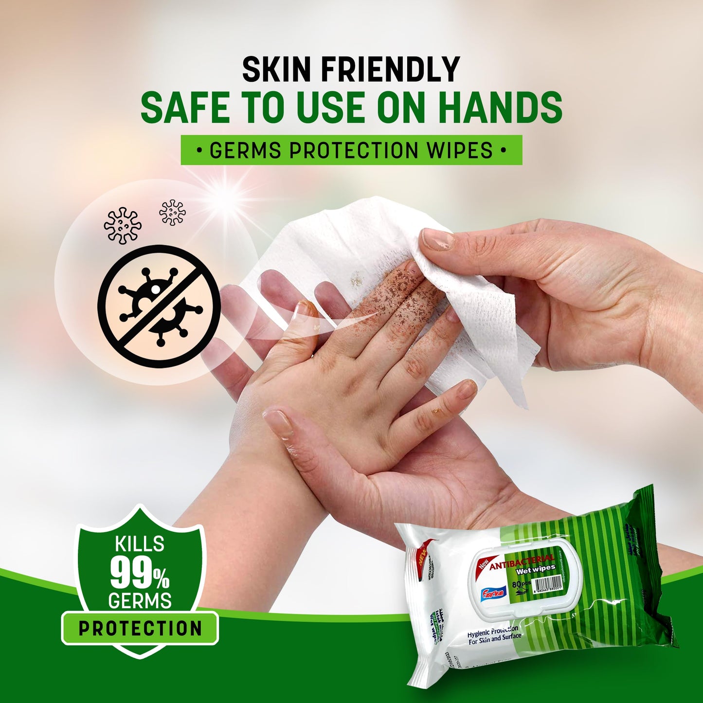 Easyclean Biodegradable Antibacterial Cleaning Wipes Kills 99.9% Bacteria & Viruses Thick, Moisture-Rich, Plastic-Free Scent Multi-Surface Use