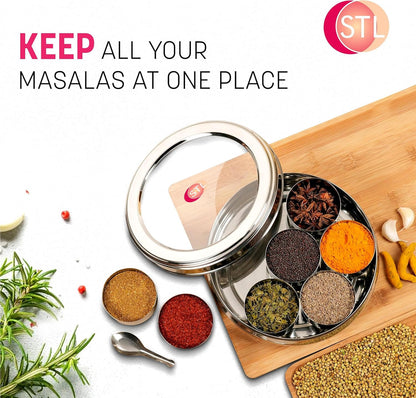 STL Masala Dabba (Spice Box) | Authentic Indian Style Stainless Steel Masala Dabba | with 7 Removable Compartments & 2 Spoons | See through Lid |