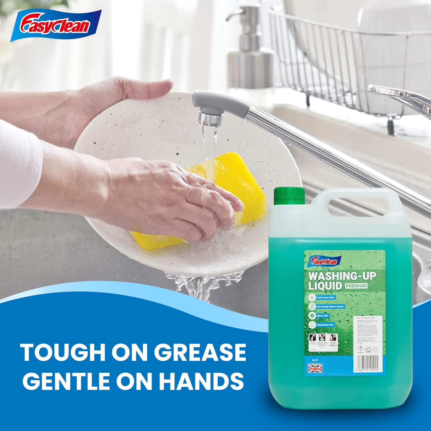EasyClean Washing Up Liquid 5L Refill - Fresh Lemon Fragrance Non Bio & Skin Sensitive Friendly Dish Wash Cleaner Plant Based & Cruelty Free - Kitchens Cleaning Products