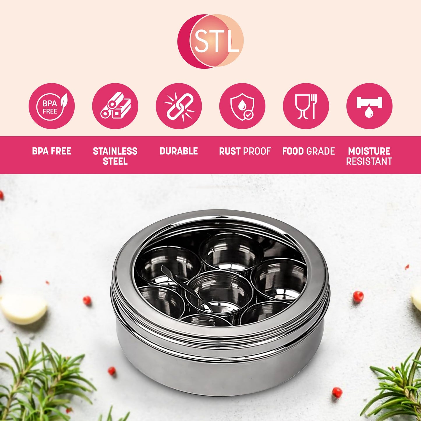 STL Masala Dabba (Spice Box) | Authentic Indian Style Stainless Steel Masala Dabba | with 7 Removable Compartments & 2 Spoons | See through Lid |