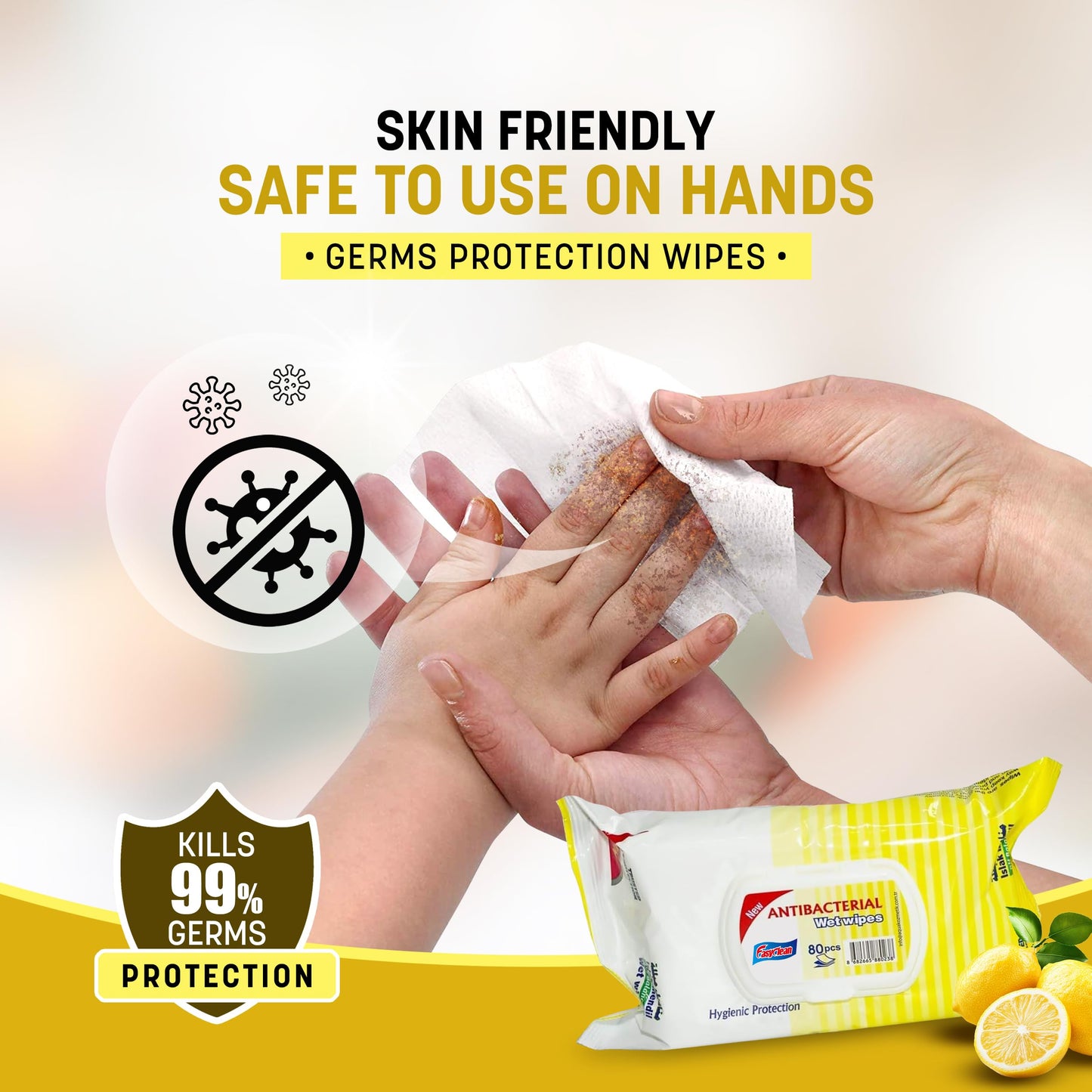 Easyclean Biodegradable Antibacterial Wipes, Multi-Purpose Cleaning Wipes for Hands, Surfaces & Germ Protection Lemon Fragrance, Resealable Pack for Home & On-the-Go Clean