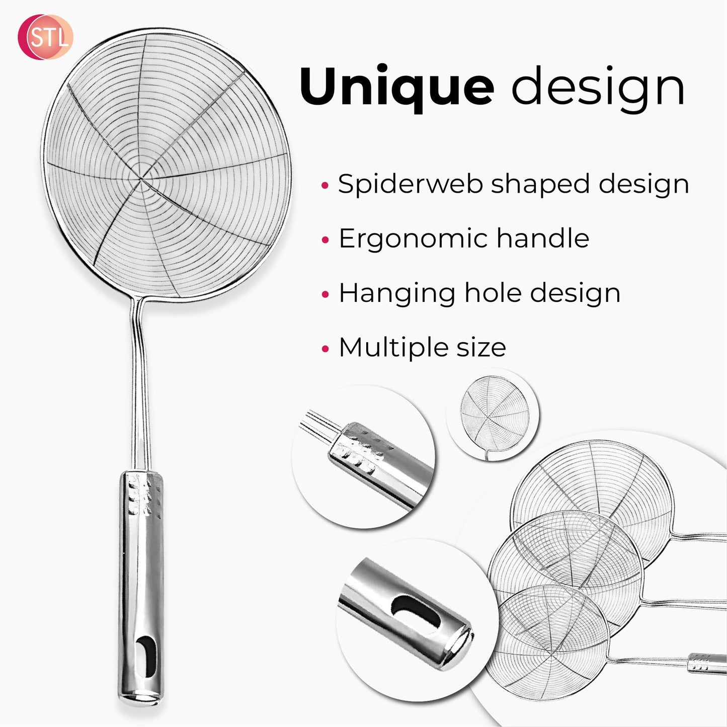STL Stainless Steel Strainer Wire Skimmer Ladle with Ergonomic Handle Sieves Spider Mesh Filter Solid Utensils Slotted Spoon for Kitchen Frying Chips Food, Pasta, Noodles, Spaghetti