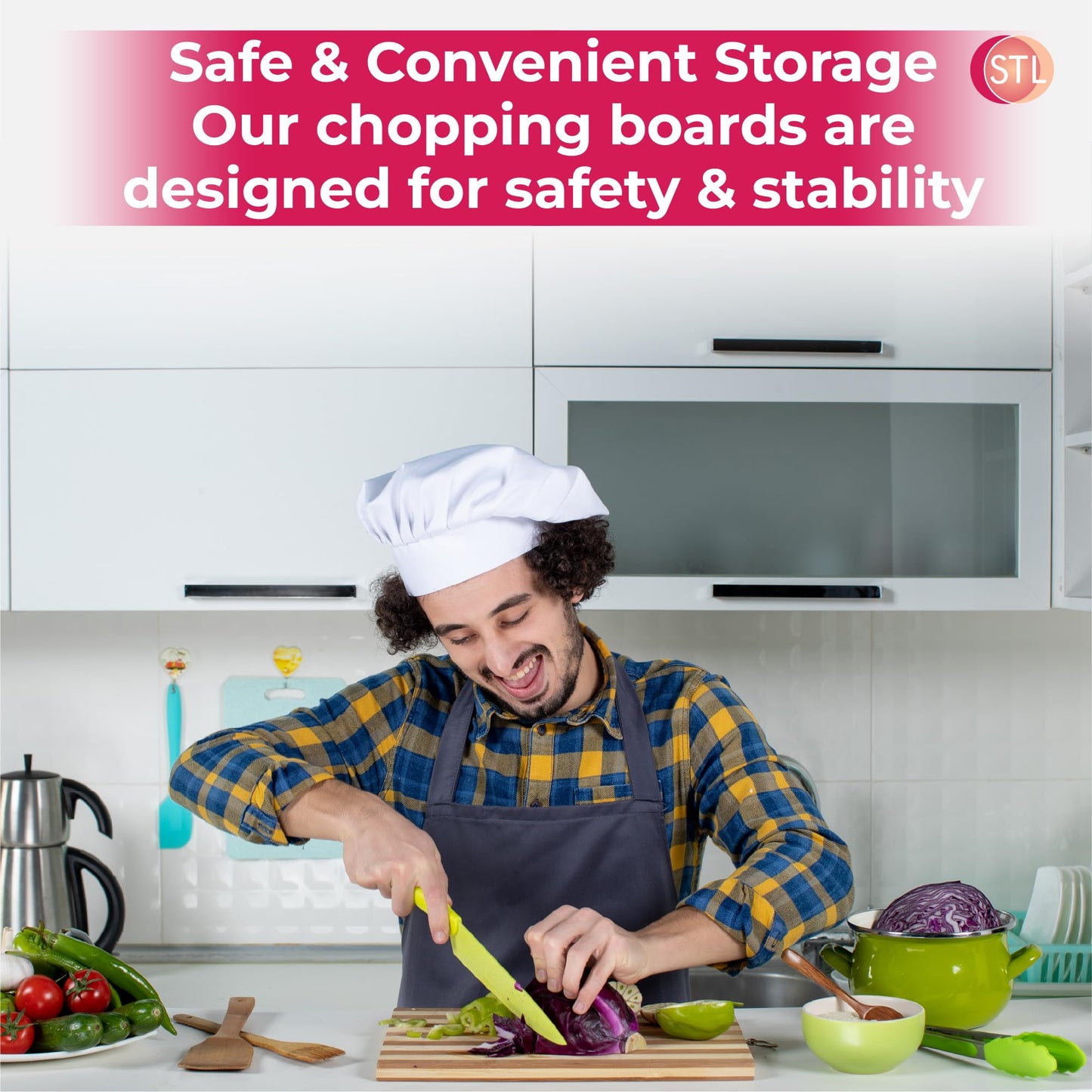 STL Premium Bamboo Wooden Chopping Board 3 Piece Set, Non-Slip Thick Cutting Panel for Meat, Vegetables, Cheeses, Bread, Lightweight Kitchen Board Ideal for Carving, Slicing and Food Preparation