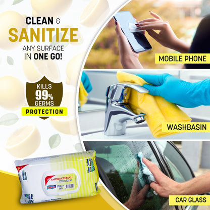 Easyclean Biodegradable Antibacterial Wipes, Multi-Purpose Cleaning Wipes for Hands, Surfaces & Germ Protection Lemon Fragrance, Resealable Pack for Home & On-the-Go Clean