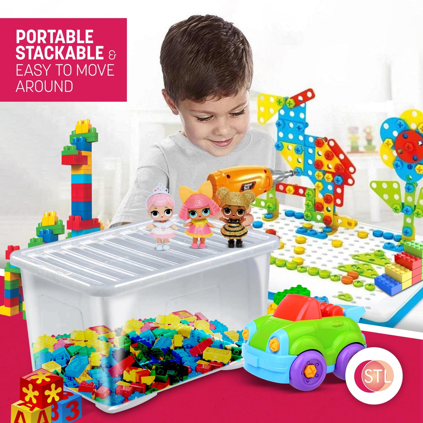 STL Pack of 3 Heavy-Duty Clear Plastic Storage Box with Lid, Stackable Storage Container for Home, Office, Kitchen, Toys Goods, Secure Clip-Lock Lid, Durable Transparent Design (6Ltr,16Ltr, 50Ltr)