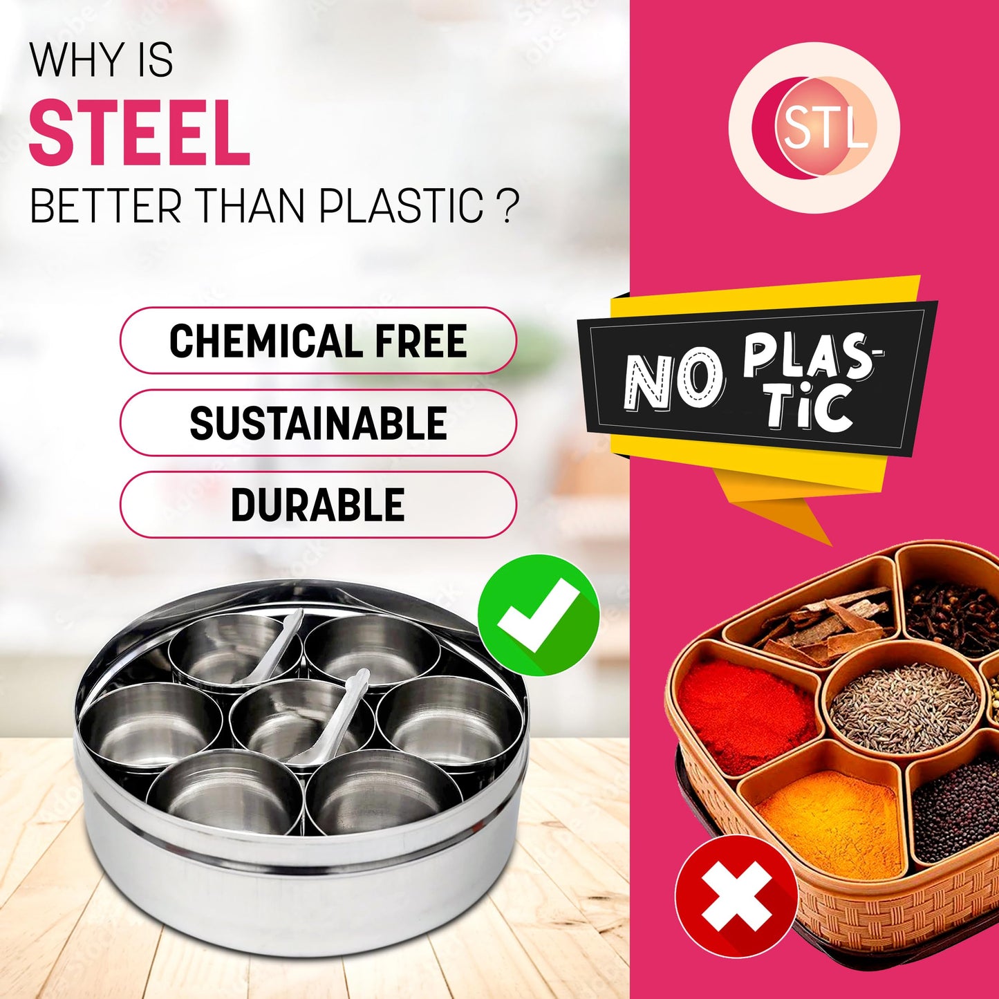 STL Masala Dabba (Spice Box) | Authentic Indian Style Stainless Steel Masala Dabba | with 7 Removable Compartments & 2 Spoons | See through Lid |