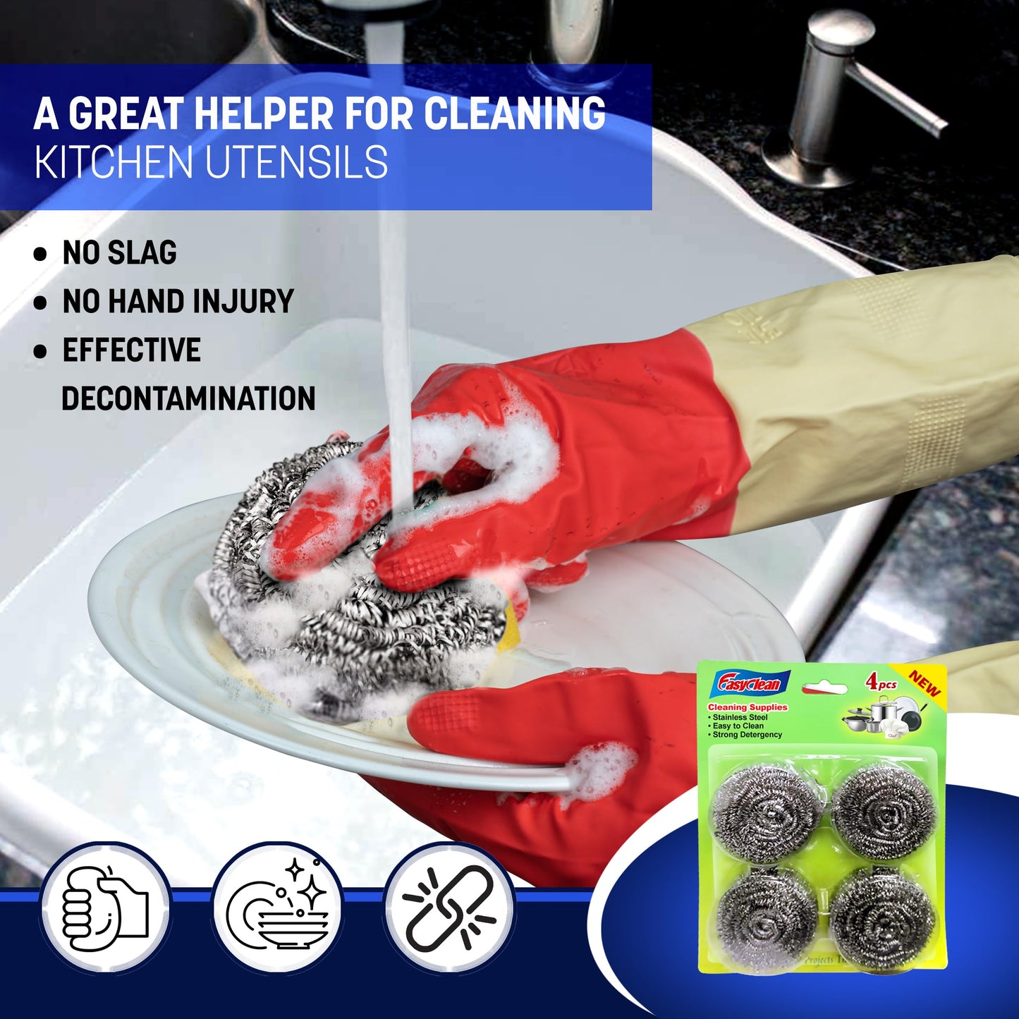 EasyClean 4pk Heavy Duty Spiral Steel Scourers,Metal Scourer Durable,Rust-Resistant,Reusable Cleaning Pads,Tough on Grease & Grime,Perfect for Cleaning Pots,Pans,Grills,Ovens & Tough Stains