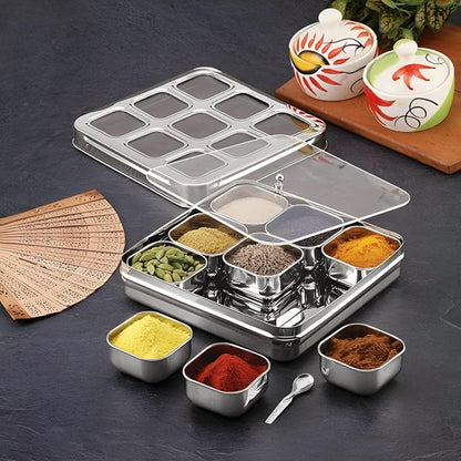 STL Masala Dabba (Spice Box) | Authentic Indian Style Stainless Steel Masala Dabba | with 7 Removable Compartments & 2 Spoons | See through Lid |