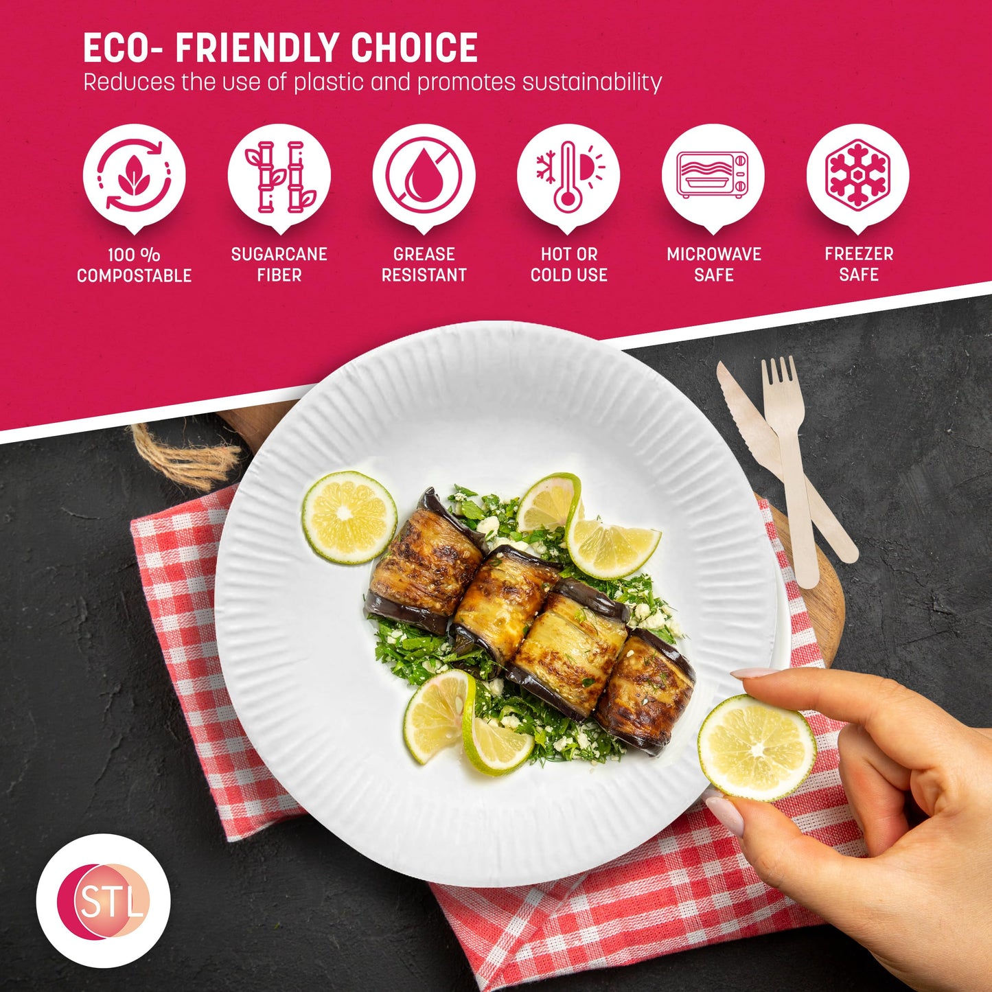 STL Strong Paper Plates (9 Inch / 100-Pack) 100% Compostable Heavy-Duty, Durable & Leak-Resistant, Eco-Friendly Disposable Plates,Made of Natural Fibers – 9" Biodegradable Paper Plates