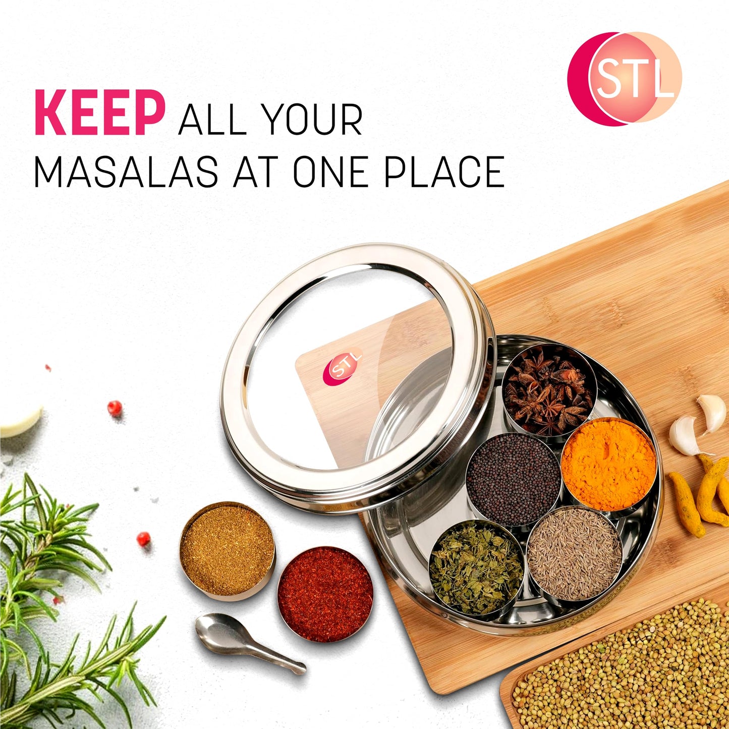 STL Masala Dabba (Spice Box) | Authentic Indian Style Stainless Steel Masala Dabba | with 7 Removable Compartments & 2 Spoons | See through Lid |