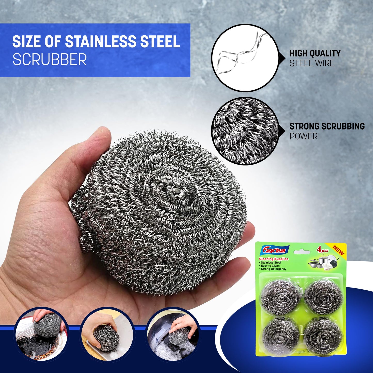 EasyClean 4pk Heavy Duty Spiral Steel Scourers,Metal Scourer Durable,Rust-Resistant,Reusable Cleaning Pads,Tough on Grease & Grime,Perfect for Cleaning Pots,Pans,Grills,Ovens & Tough Stains