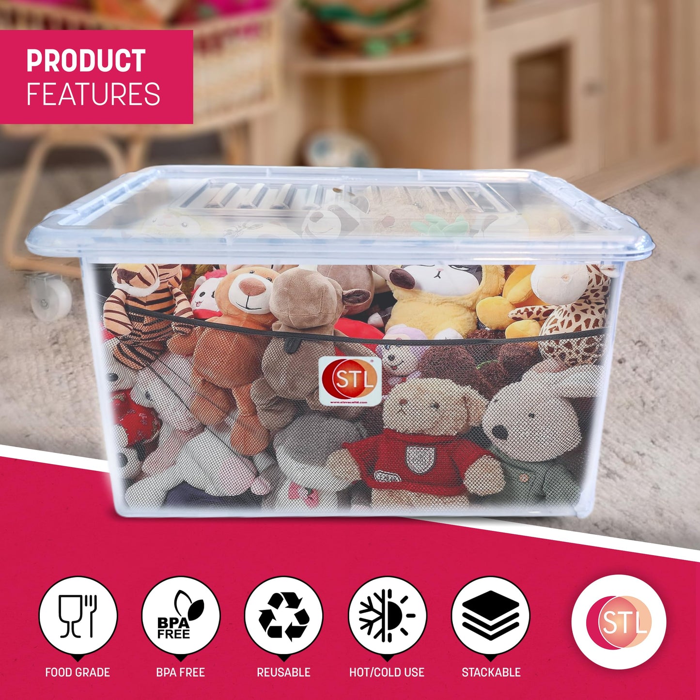 STL Heavy-Duty Clear Plastic Storage Box with Lid Stackable Storage Container for Home, Office, Kitchen, Toys, and Goods, Secure Clip-Lock Lid, Durable & Transparent Design