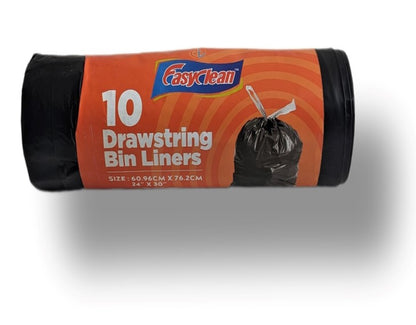 Roll of 10 Black Drawstring bin liners | 24' x 30' Sizes | Specially Designed for Home Usage with Handles on top