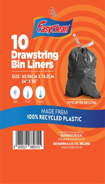 Roll of 10 Black Drawstring bin liners | 24' x 30' Sizes | Specially Designed for Home Usage with Handles on top