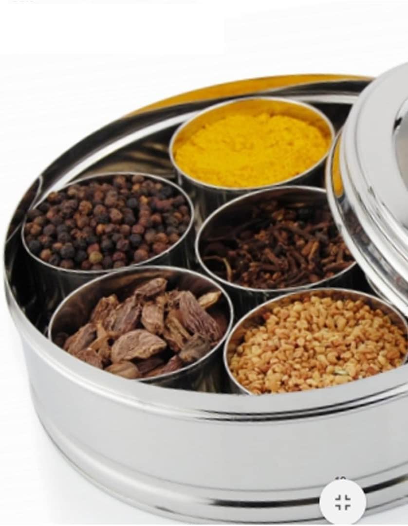 Authantic Indian stainless steel spice box (Masala dabba) With Transparent See through lid and 7 inner compartments with 2 small spoons, Indian spice storage box (20.5cm)