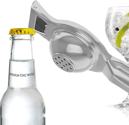 Lemon Squeezer with Bottle opener on top | Heavy duty quality | Stainless Steel | Silver | Manual Citrus Juicers | Safe Quick & Effective Juicing | Super Easy to Clean | DWH = 3cm X 6.5cm X 20.5Ccm