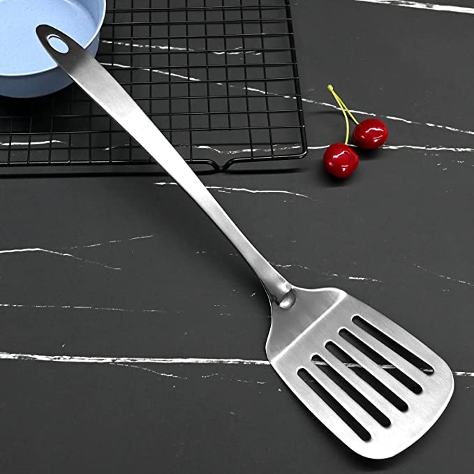 Stainless Steel Slotted Turner / Spatula by STL. 2 piece set | Cooking Turner | Kitchen Utensil | Heavy Duty Material | Silver Shining Product | 24.5cm Long | Hanging Hole on top