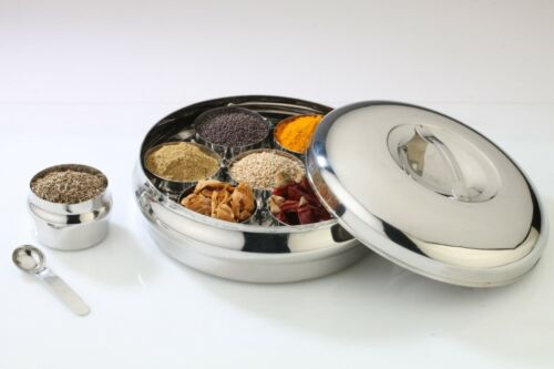 Quality Stainless Steel Rajwadi Masala Dabba/Tin/Container. With 7 inner compartments and 2 spoons. 23cm X 6cm