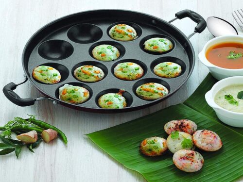 Appam Patra Non Stick with 12 pits/cavities. Chetty Paniyaram/Pan/Patra/Tawa with Glass lid